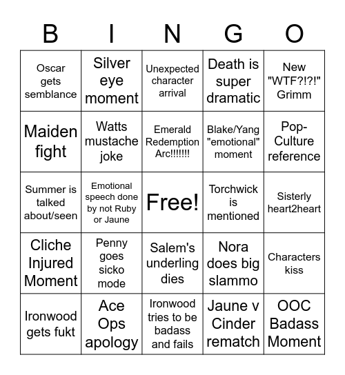 rwby vol 8 bingo Card