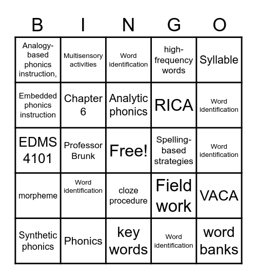 Word Identification - Vaca Chapter 6 Bingo Card