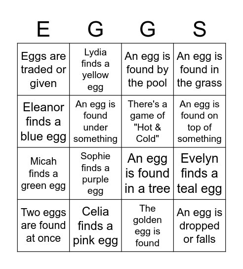 Egg Hunt Bingo Card