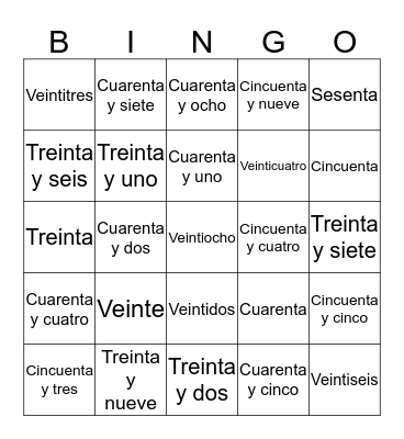 Numeros    -    20 al 60  Bingo Card