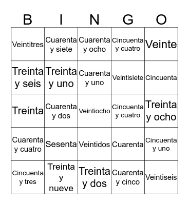 Numeros    -    20 al 60  Bingo Card