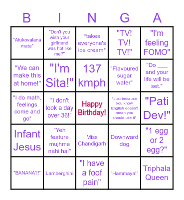 Mom's Birthday BINGA Bingo Card