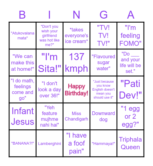 Mom's Birthday BINGA Bingo Card