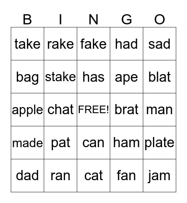 short vowel a and long vowel a sounds Bingo Card