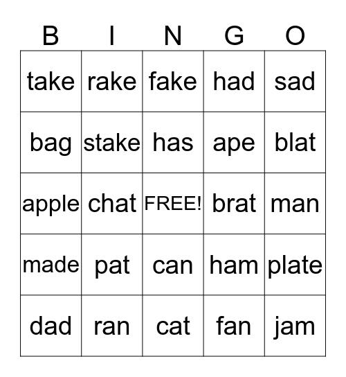 short vowel a and long vowel a sounds Bingo Card
