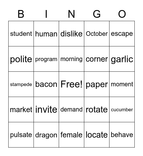 Syllable Types Bingo Card