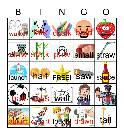 Words with: ough, al, augh, aw sound Bingo Card