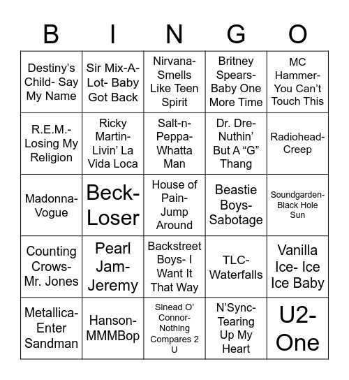 Total-Quiz.com presents Radio Bingo 90's Music Bingo Card