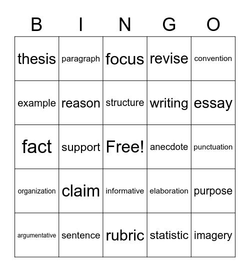 Writing Bingo Card