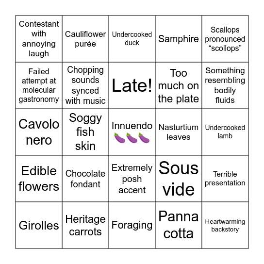 Masterchef Bingo Card