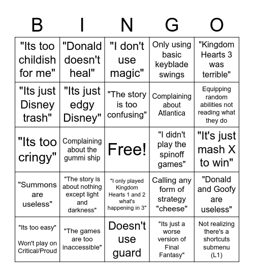 Kingdom Hearts for Scrubs Bingo Card