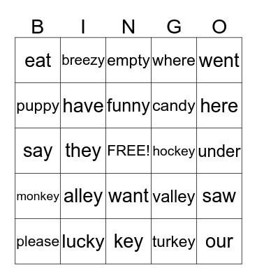 Long E Words- ey and y endings Bingo Card