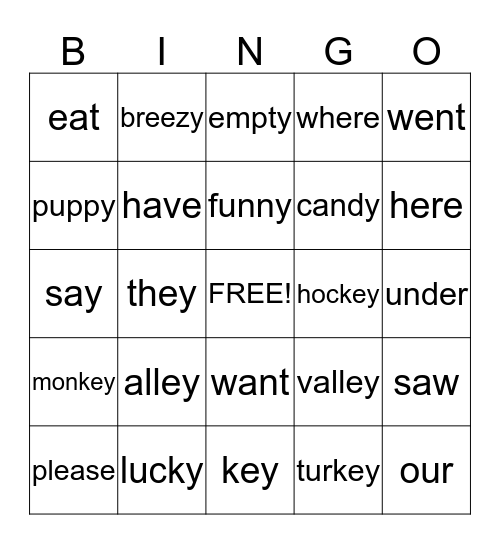 Long E Words- ey and y endings Bingo Card