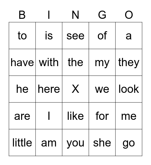 Sight Word Bingo Card