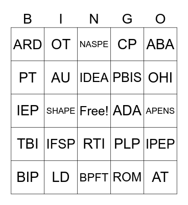 Special Education Acroynms Bingo Card