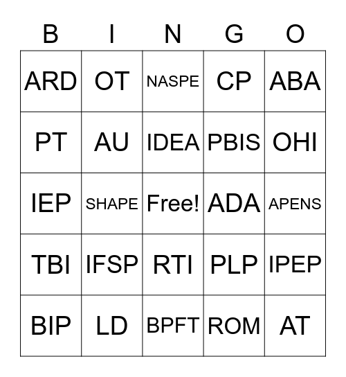 Special Education Acroynms Bingo Card