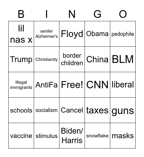 Conservative Family Bingo Card