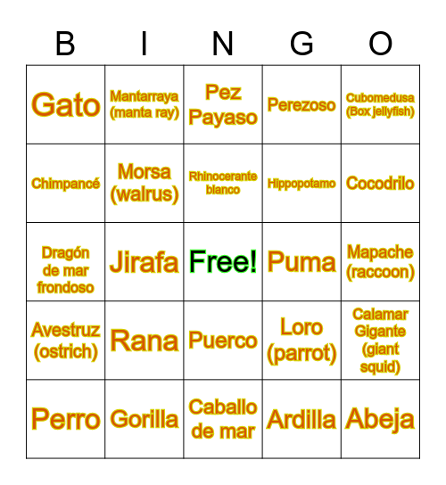 Conozca a los Animales Bingo Card