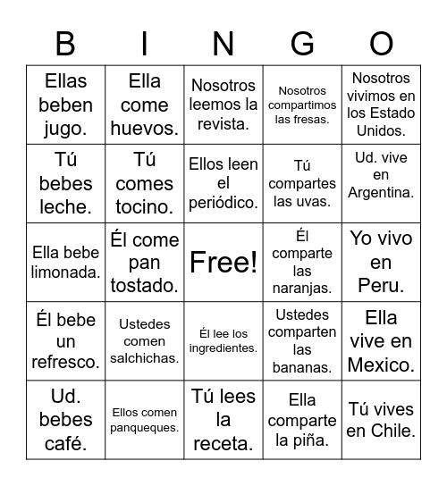 ER, IR y comida Bingo Card