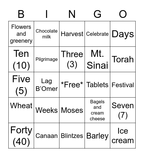 Shavuot Bingo Card
