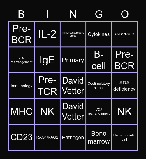 Immunodeficiency Bingo Card