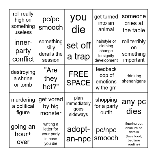 TTRPG BINGO Card