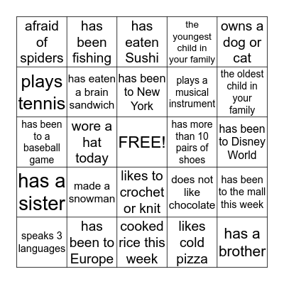 Getting to Know you Bingo Card