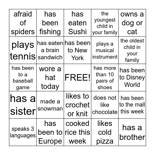 Getting to Know you Bingo Card