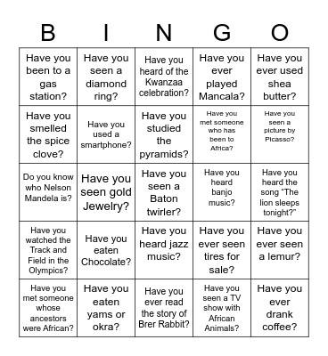 Africa Connections Bingo Card