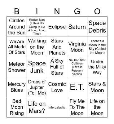 Solar System Songs Bingo Card