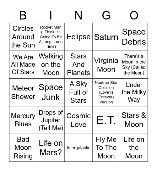 Solar System Songs Bingo Card