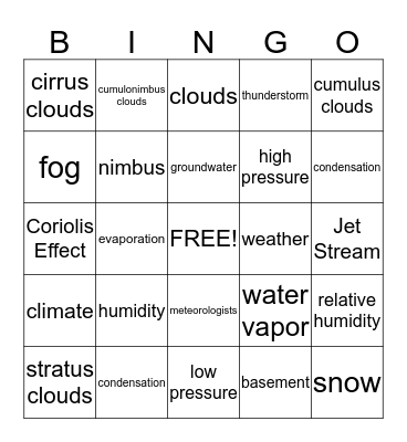 Weather Bingo Card