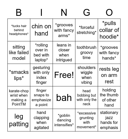 Aspen's Goblin Movements Bingo Card