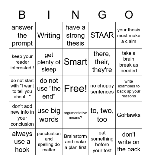 STAAR Writing Review Bingo Card