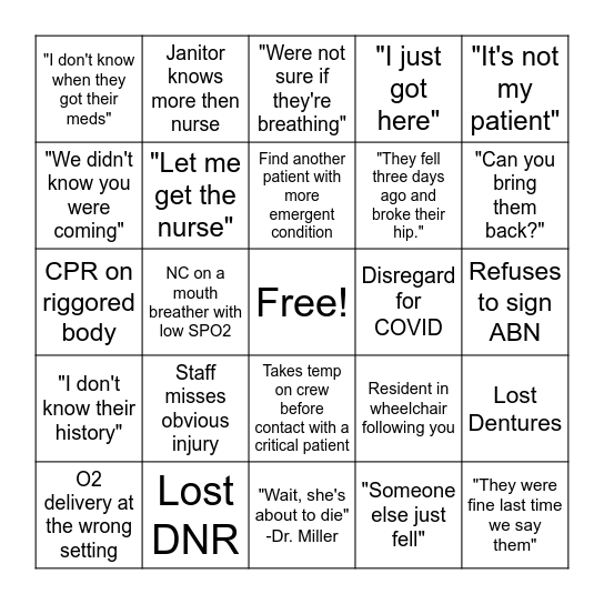 Nursing Home Bingo!!!!! Bingo Card