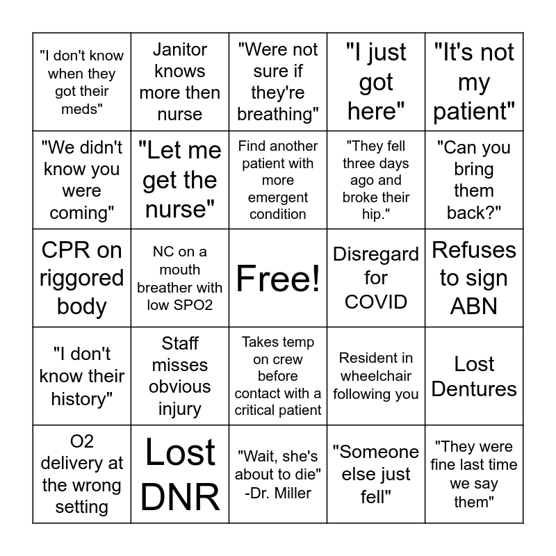 Nursing Home Bingo!!!!! Bingo Card