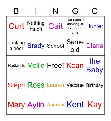 Miller Family Bingo Card