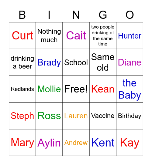 Miller Family Bingo Card