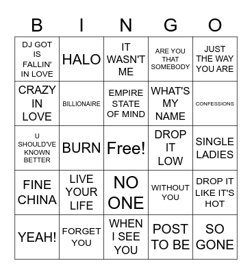 SONGS 2000 - 2010 Bingo Card