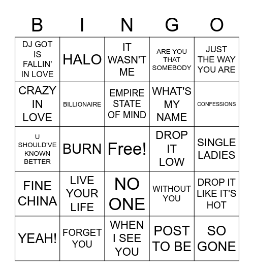 SONGS 2000 - 2010 Bingo Card