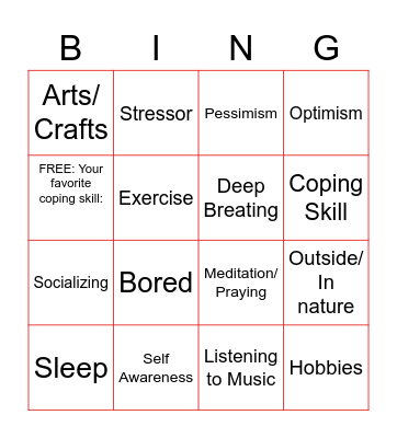 Coping Skills Bingo Card