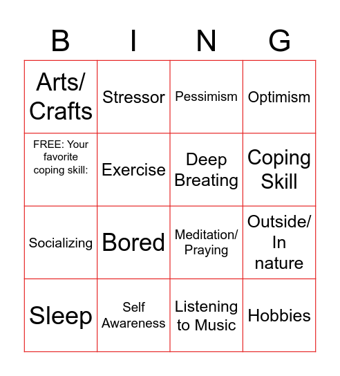 Coping Skills Bingo Card