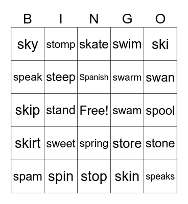 Phonics: sw, sp, st, sk Bingo Card