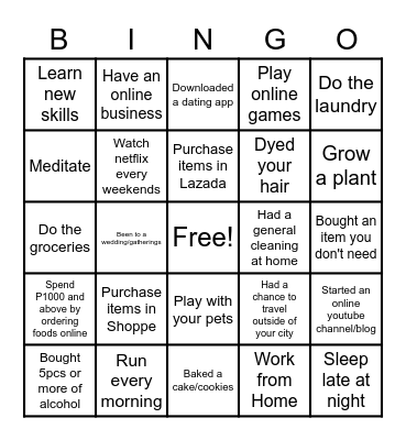 Things we do during Pandemic Bingo Card