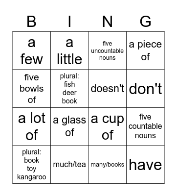 Grammar bingo! Bingo Card