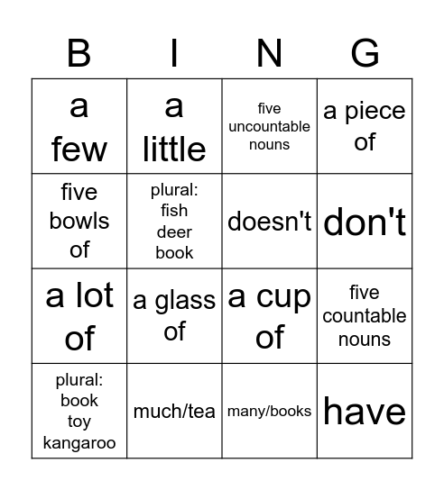 Grammar bingo! Bingo Card