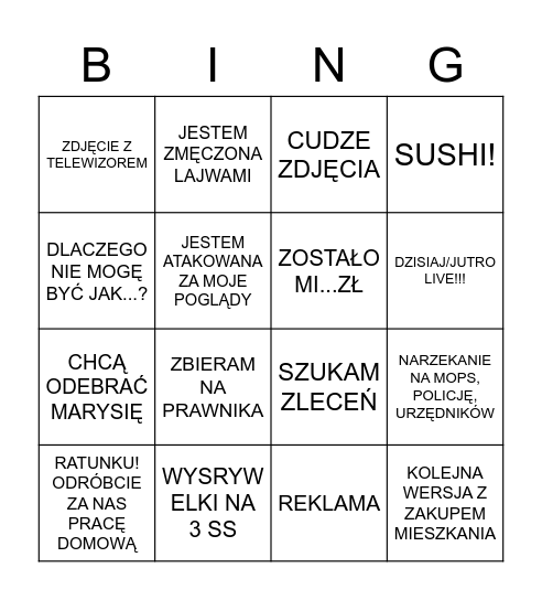 Między live Bingo Card