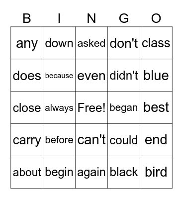 3rd Grade Sight Words A-E Bingo Card