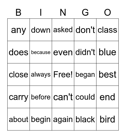3rd Grade Sight Words A-E Bingo Card
