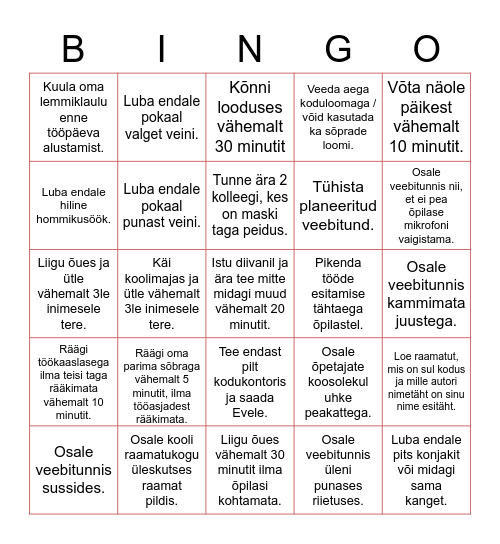 Bingo õpetajale Bingo Card